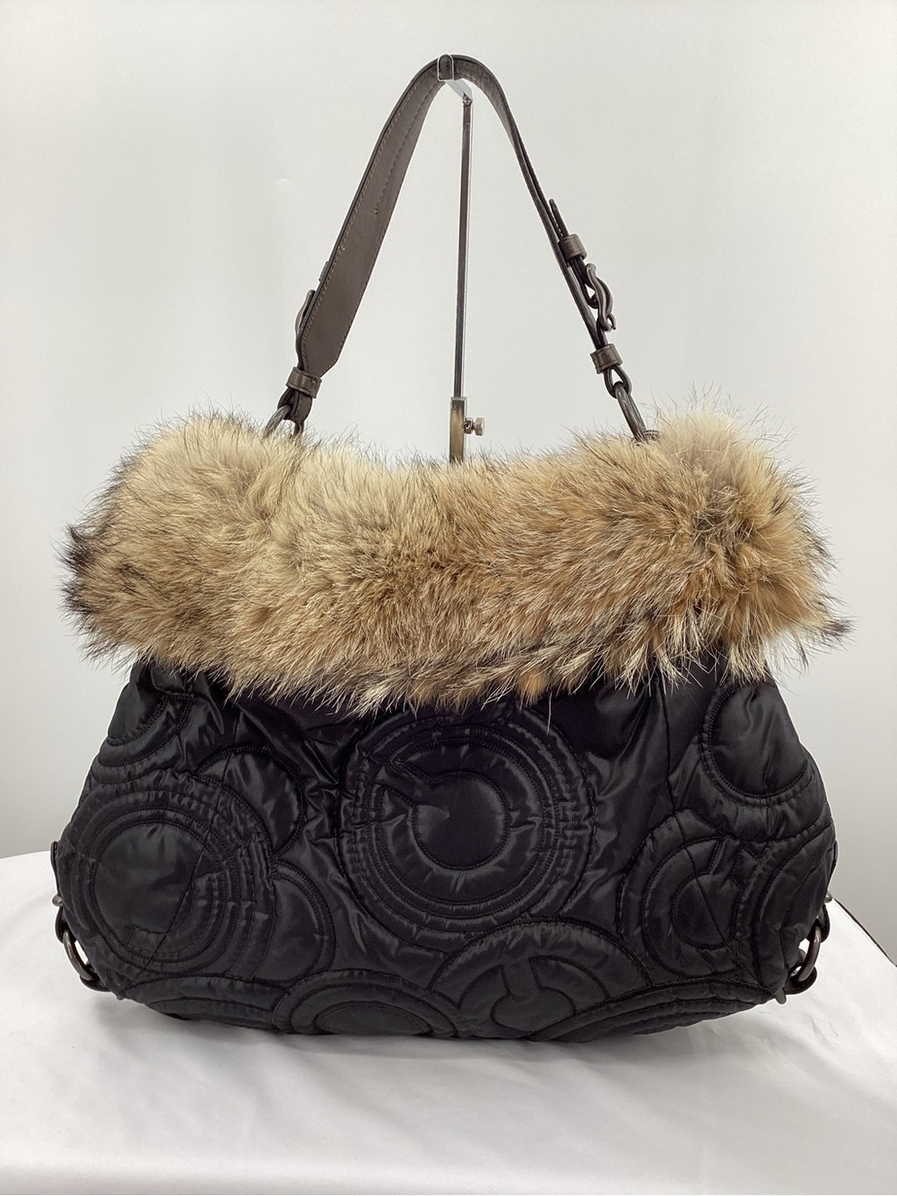 Coach Hamptons Ski Fur Black Quilted Shoulder Bag